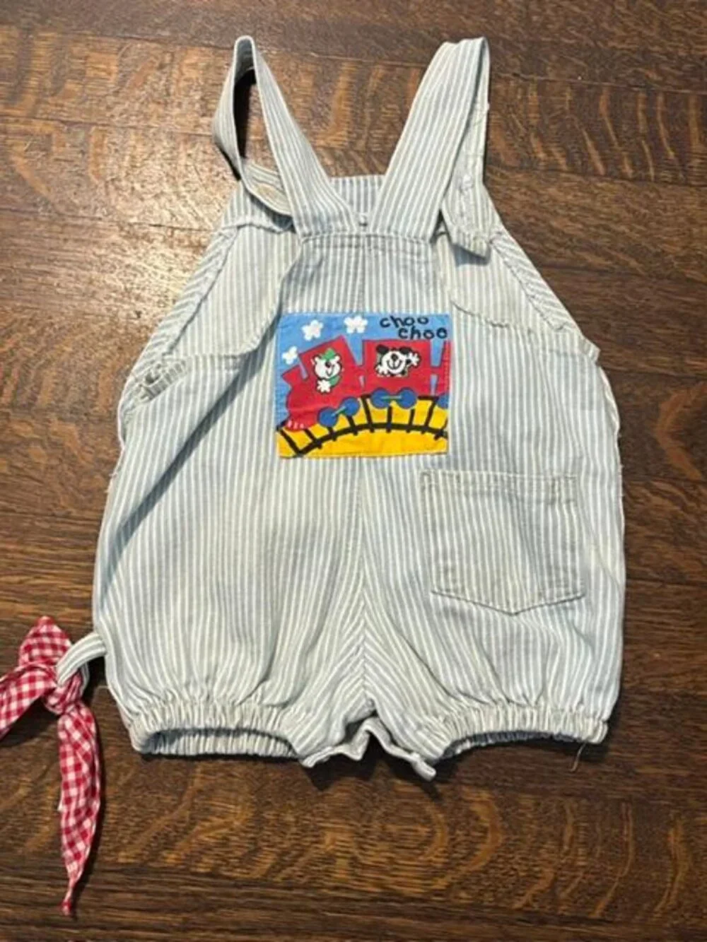 Vtg Hopscotch Mad USA Bubble Romper Pinstripe Train Railroad Primary Colors 6-9m